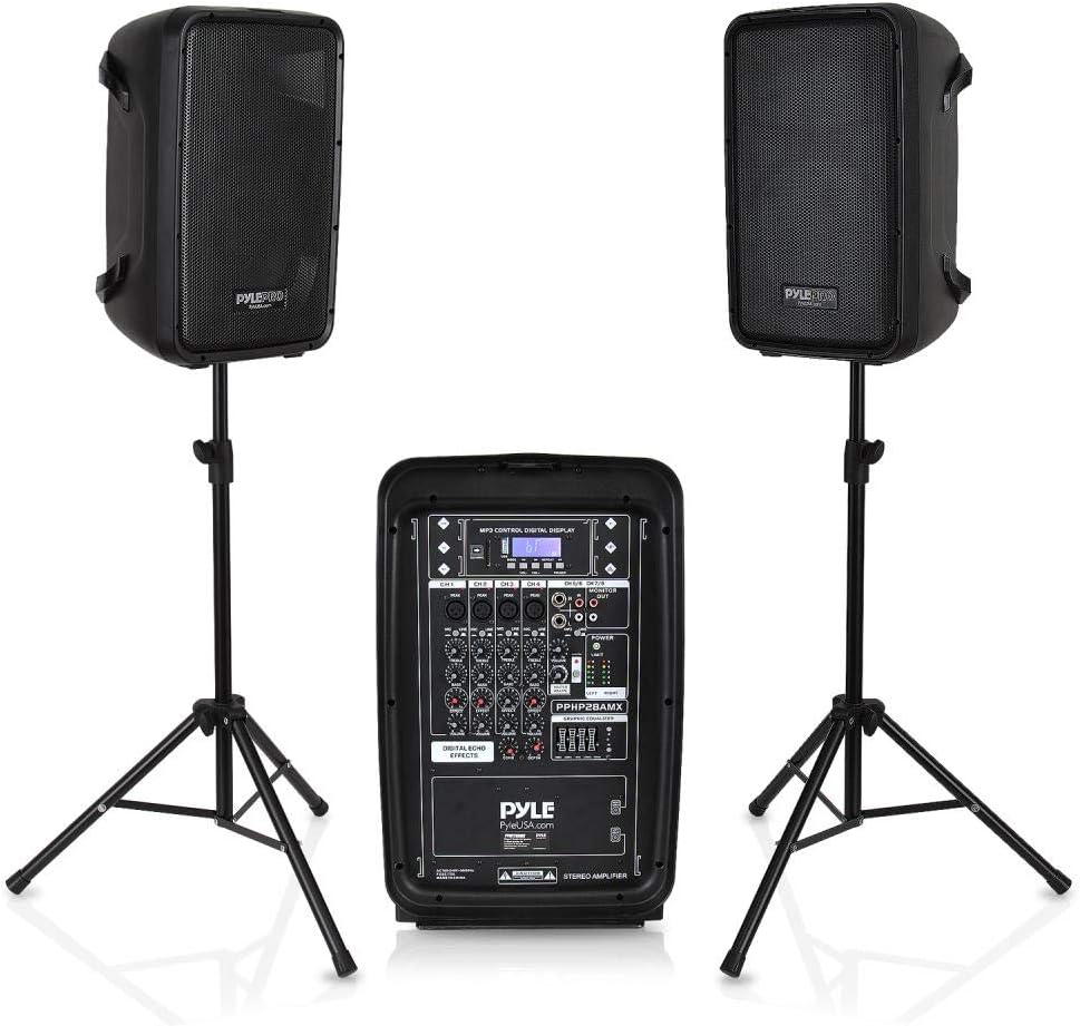 Pyle PA Speaker DJ Mixer Bundle - 300 W Portable Wireless Bluetooth Sound System w/ USB SD XLR 1/4