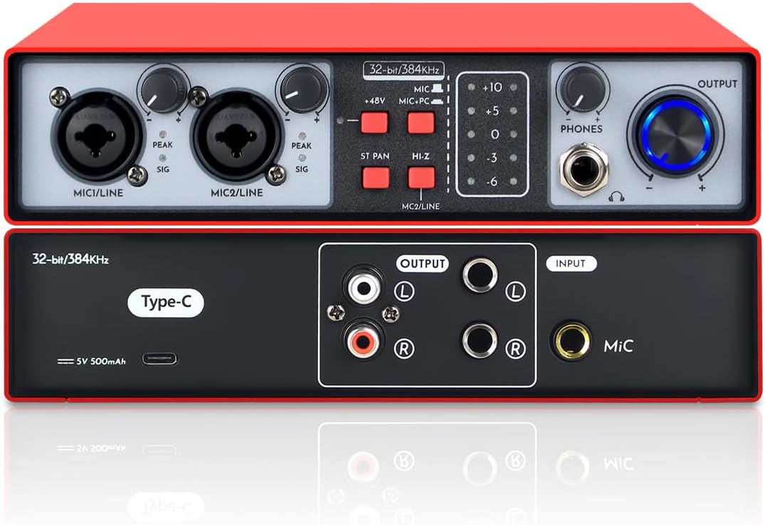 2-in-2-out USB Audio Interface, 32-Bit/384kHz DSP, 48V Phantom Power, Real-Time Monitoring, Red (NMX02)