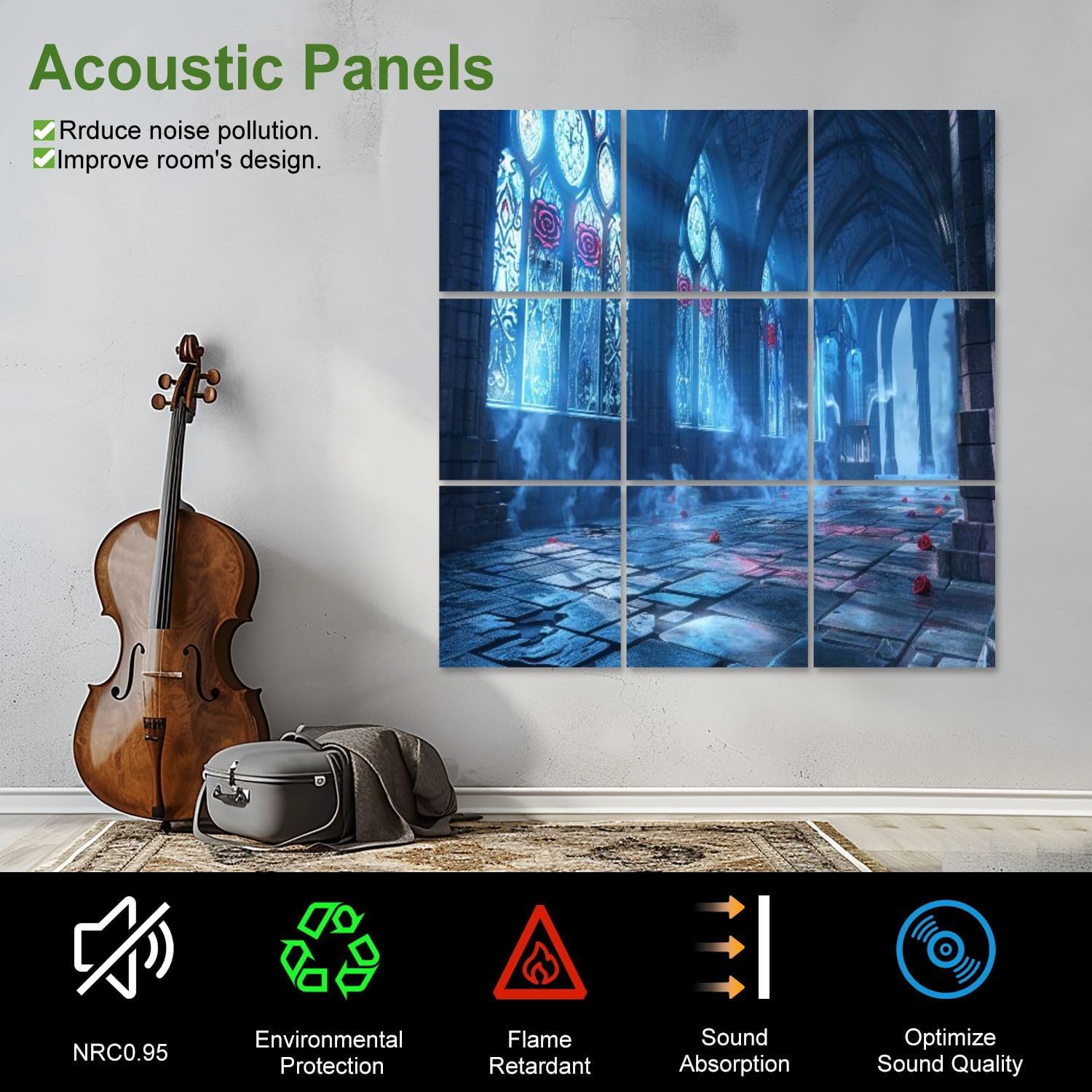 Art Acoustic Panels Self Adhesive Gothic Cathedral Rose Window Art Ethereal Blue Light 9 Packs Decorative Soundproof Wall Panels Large Sound Absorbing Panels for Home Office 60