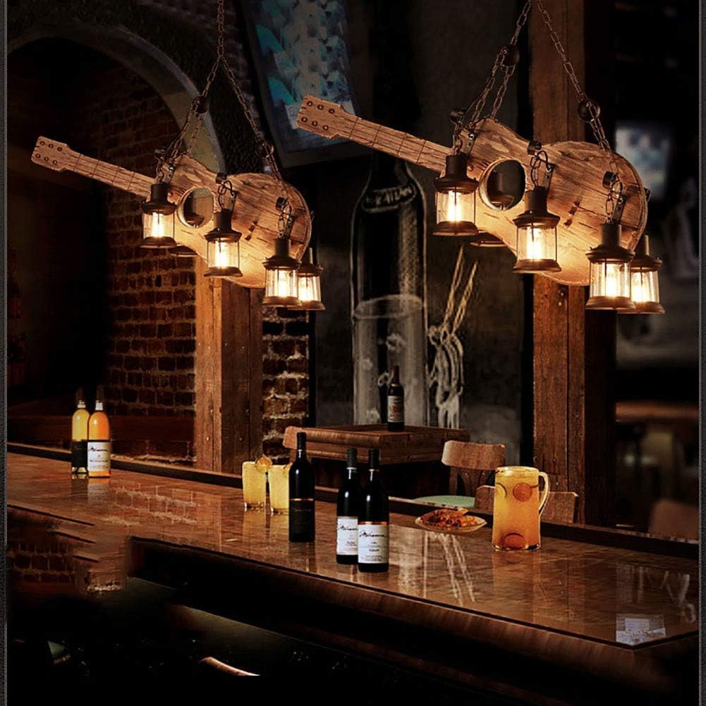 Farmhouse Chaners 6 Lights Unique Guitar Bass Wooden Rustic Retro Pendant Light Fixture Compatible with Restaurant Bar Kitchen Dinging Room