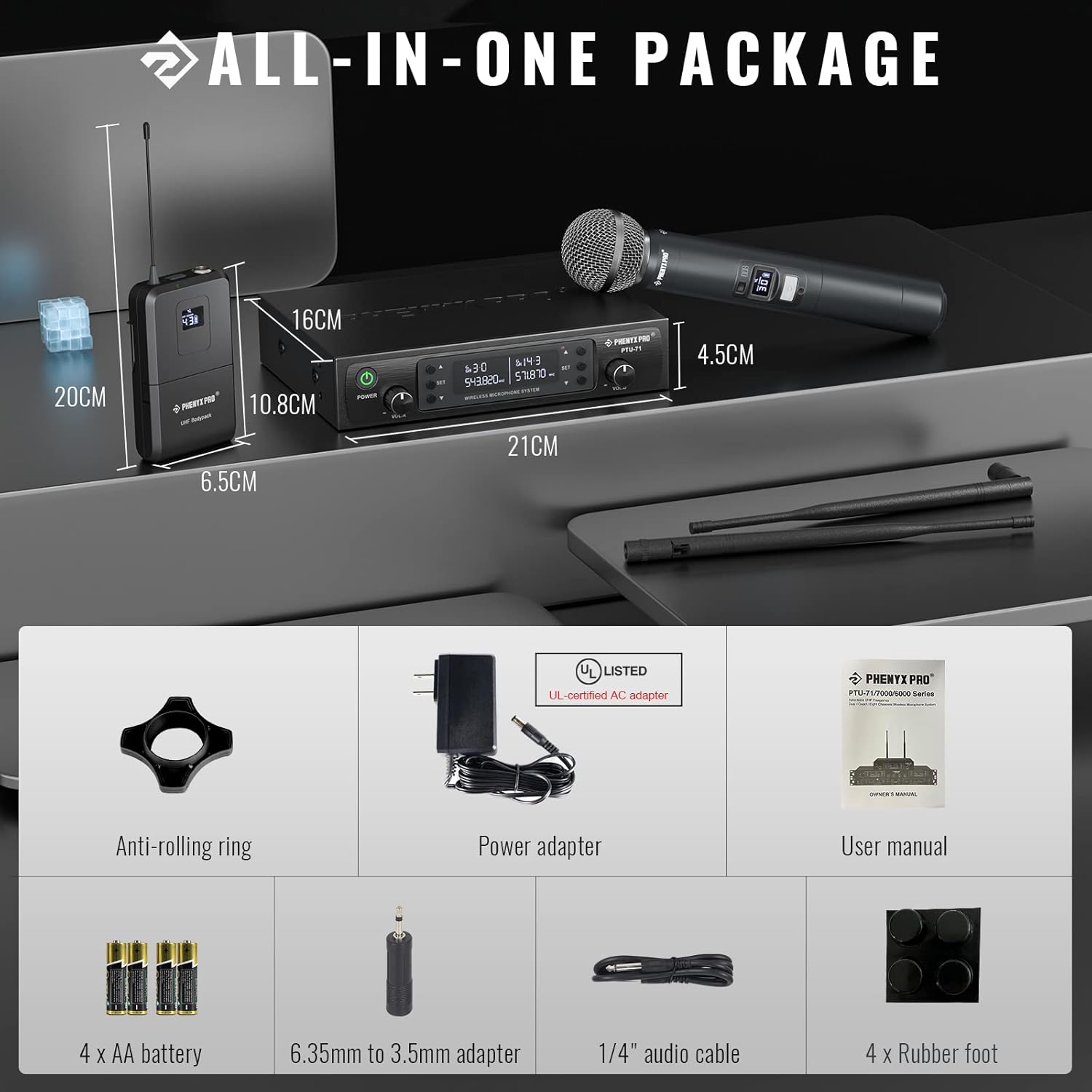 Phenyx Pro Wireless Microphone System, Dual Mic Set with Handheld/Bodypack/Lapel Mics,2x100 UHF Channels,328ft Range PTU-71-1H1B Bundle with The Medium Size Carrying Case