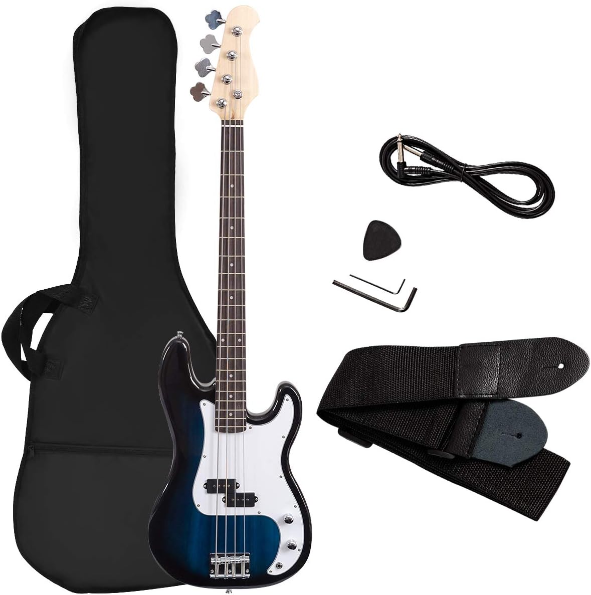 Goplus Electric Bass Guitar, Full Size 4 string with Strap Guiter Kit/w Carrying Bag, 2 Pickup, Perfect Bass for Beginners (Blue Bass 4 Straps)