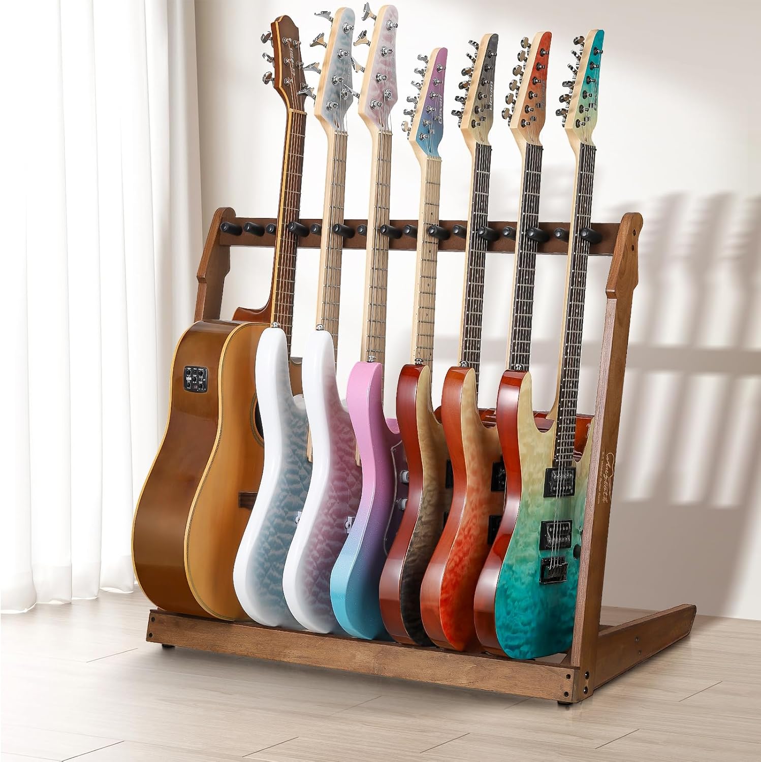 Guitar Stand for Multiple Guitars,Multi Wood Guitar Rack for 4 Acoustic Guitar, 6 Electric or Bass,18mm-thick wooden plank