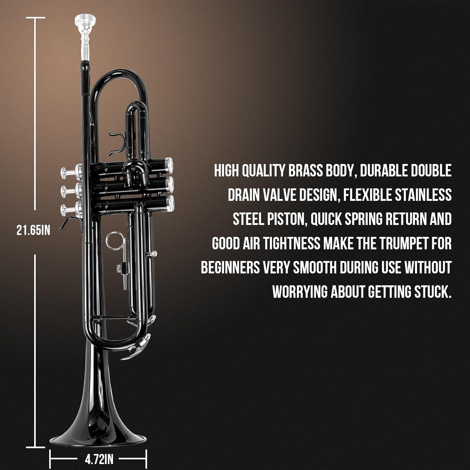 Soulmate Trumpet Brass Standard Bb Trumpet Instrument for Student School Band Orchestra Adult Beginner with Hard Case, Cleaning Kit, 7C Mouthpiece and Gloves, Black