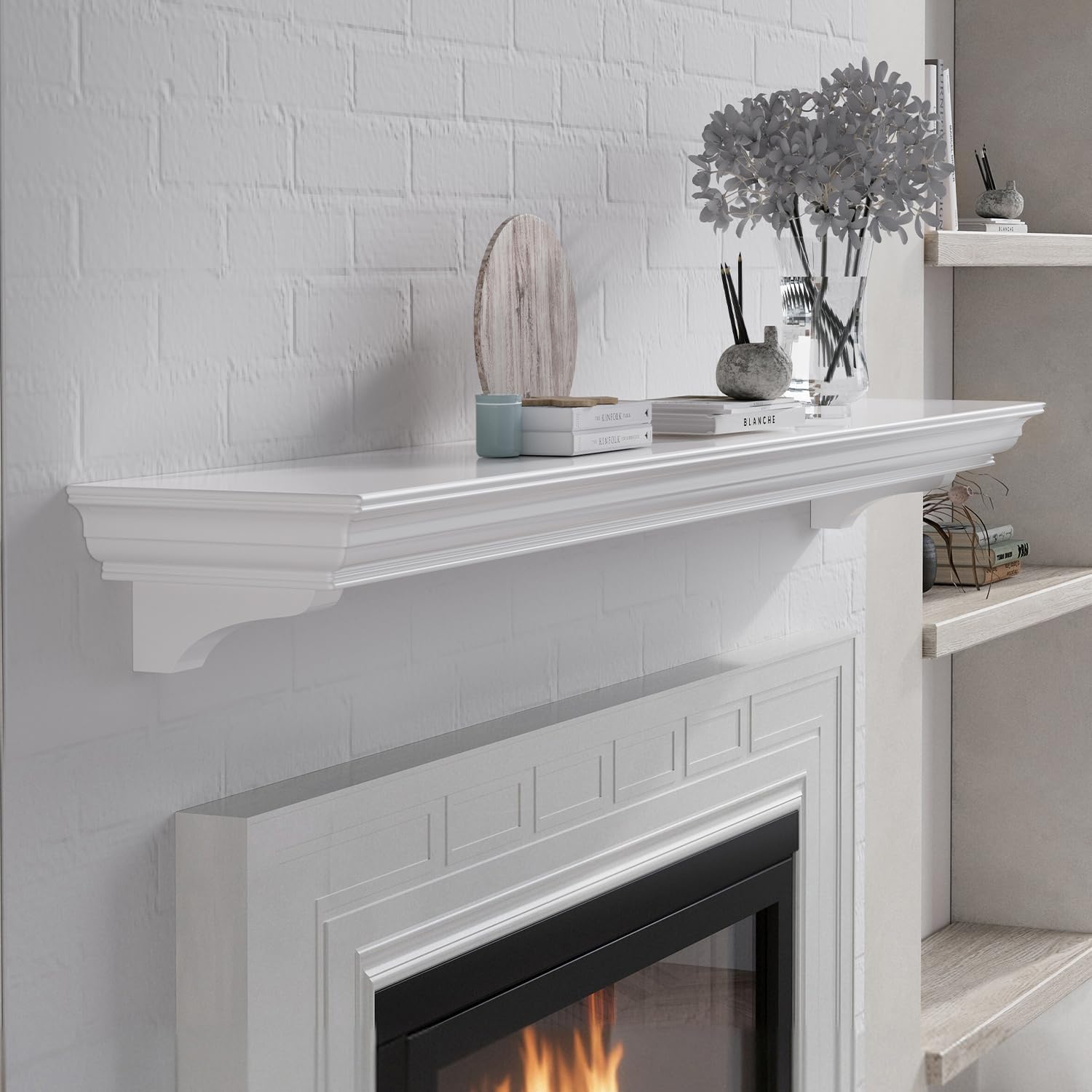 Fireplace Mantel with Invisible Heavy Duty Wood Bracket, Wall Mount Handcrafted Hollow Floating Mantel Shelf for Electric or Traditional Fireplace, Rustic Farmhouse Modern Style (60 Inch, White)