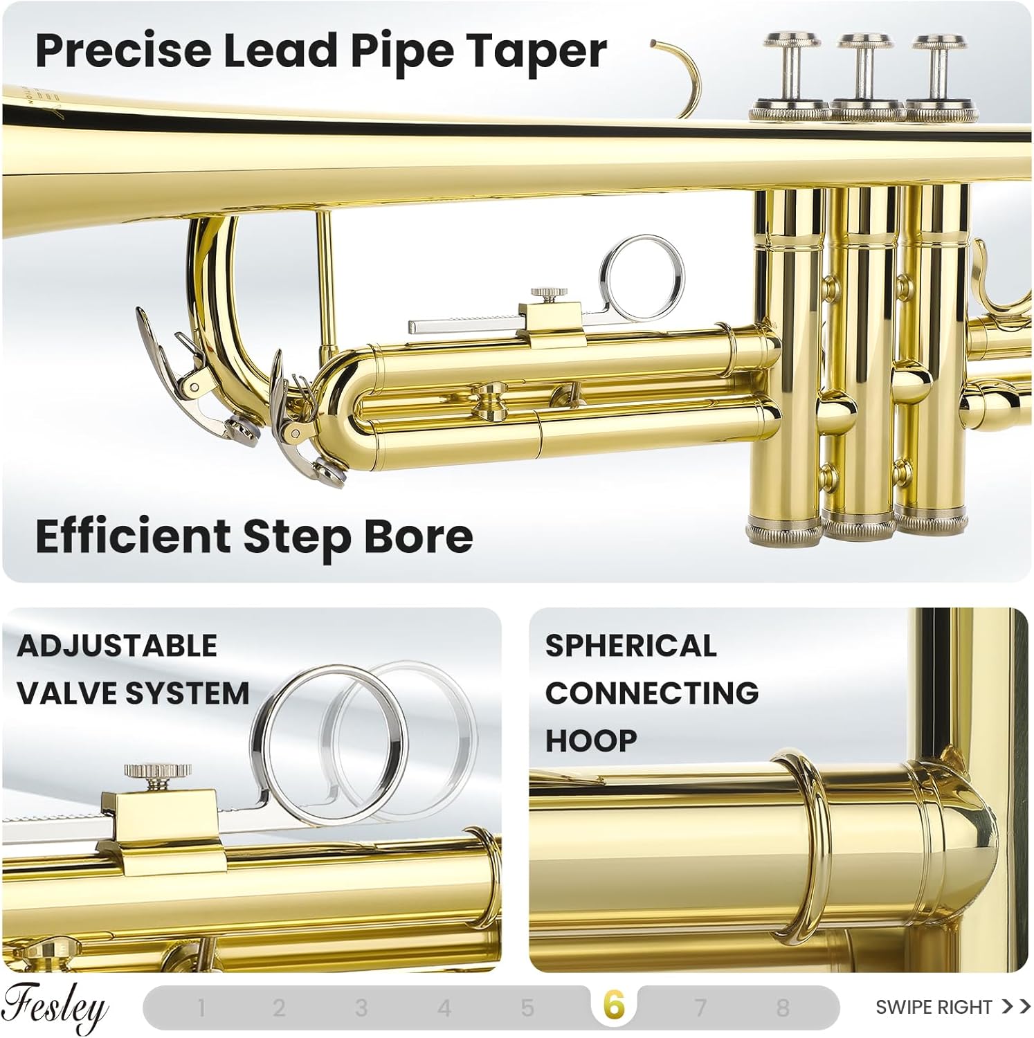 Fesley Bb Standard Trumpet Set: Brass Trumpets for Beginner Student, Brass Trumpet Instrument with 7C Mouthpiece, Hard Case, Cleaning Kit (Golden)