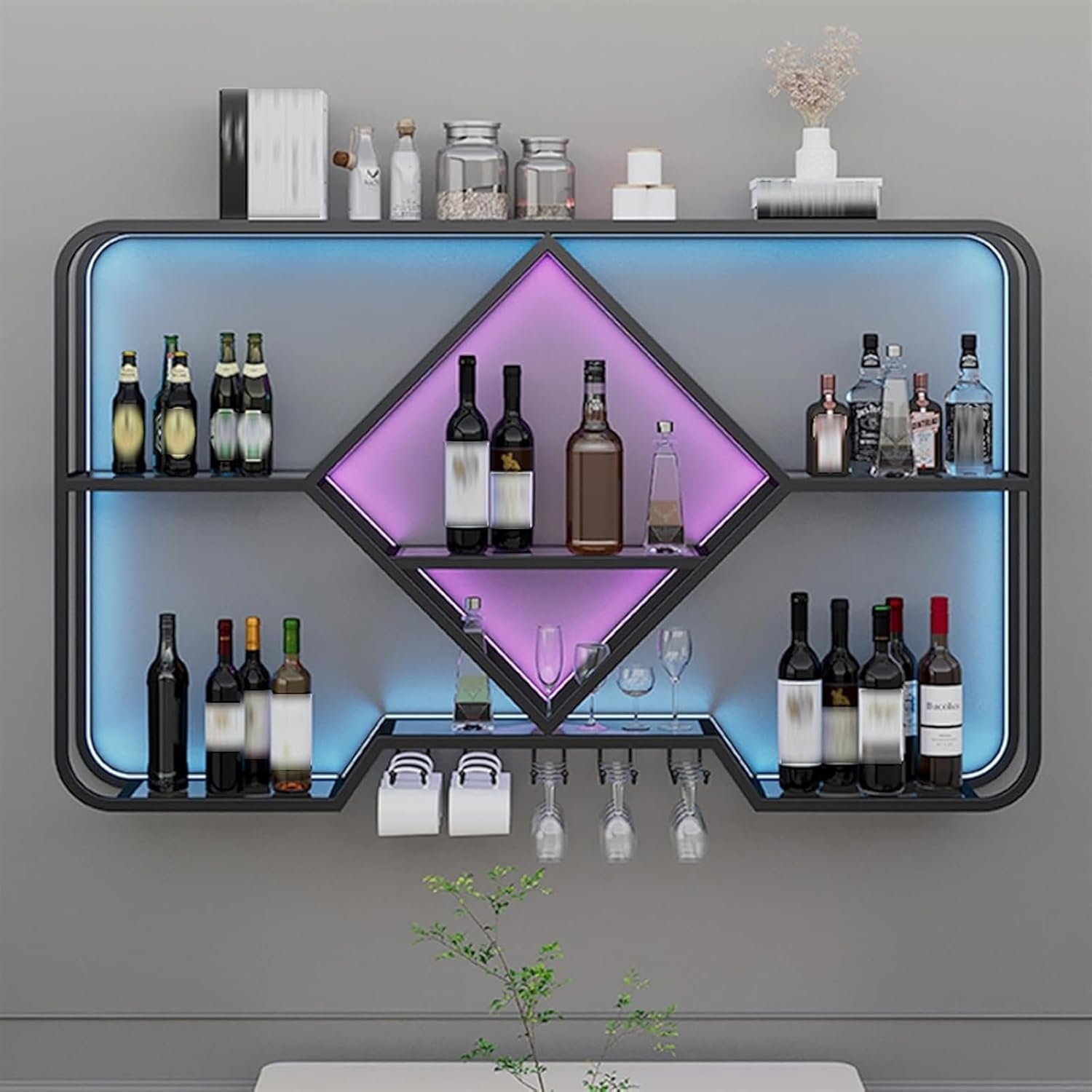 Floating Shelves with Hanging Wine Glass Rack for Whiskey Bottles Corner Bar Organizer Display Rack for Mini Bar Wall Mount Bottle Display Shelf (Black Light 100cm)