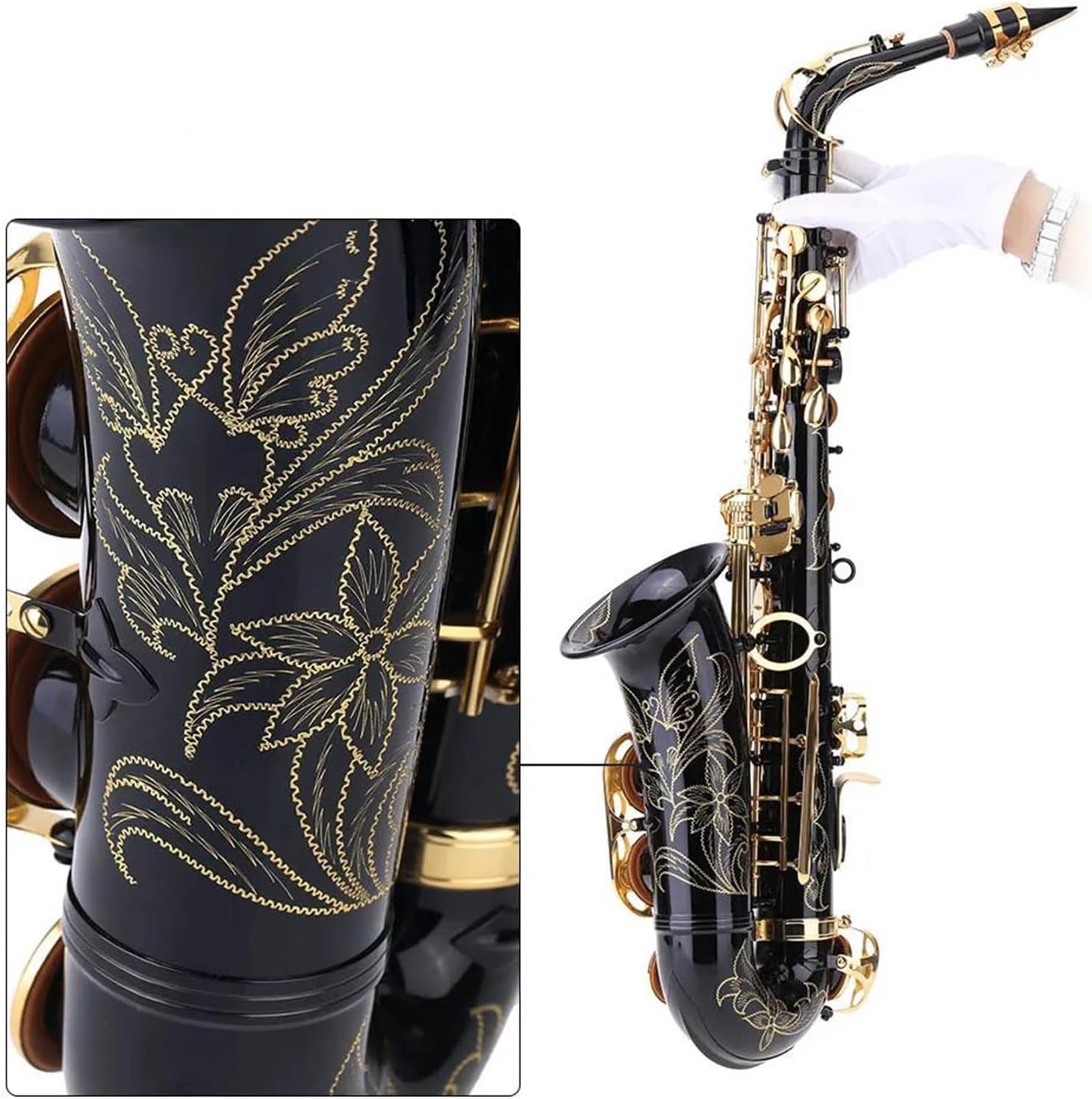 Eb Alto Saxophone Brass Lacquered Gold E Flat Sax Key Type Woodwind Instrument With Brush Cloth Gloves Strap Padded Case (Color : Black)