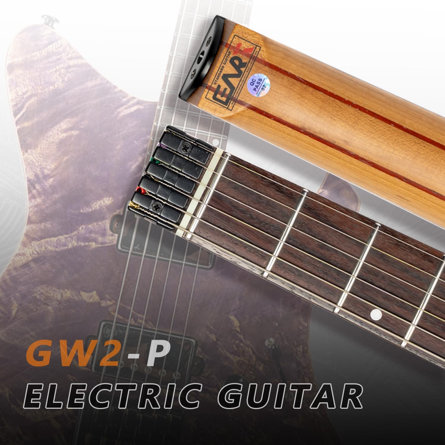 EART Headless Electric Guitar GW2 fixed Bridge for 6 String Travel Guitar, Stainless Steel Frets, Poplar Burl Venner Top, Purple