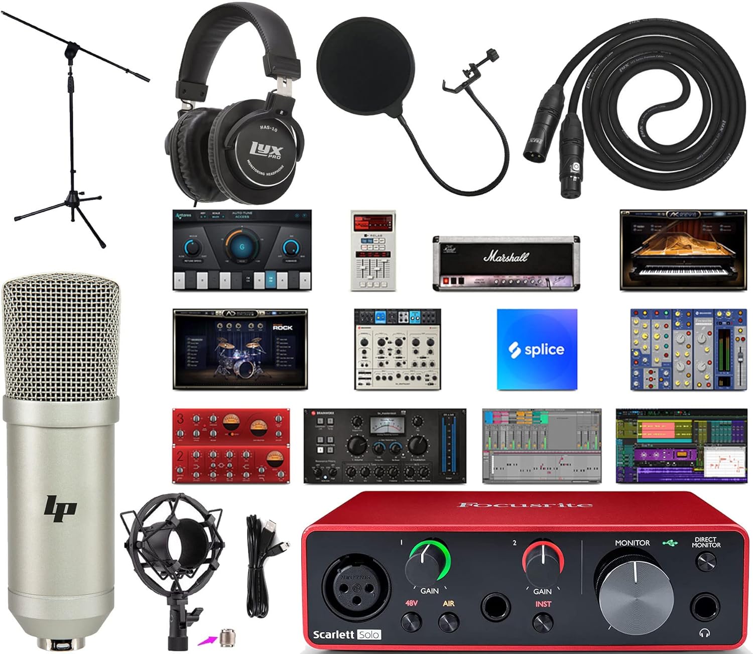 Focusrite Scarlett Solo 3rd Gen USB Audio Interface Bundle w/LyxPro Cardioid Condenser Mic, Shockmount, Pop Filter, XLR Cable, Metal Mic Stand, Studio Headphones & Focusrite Creative Software Kit