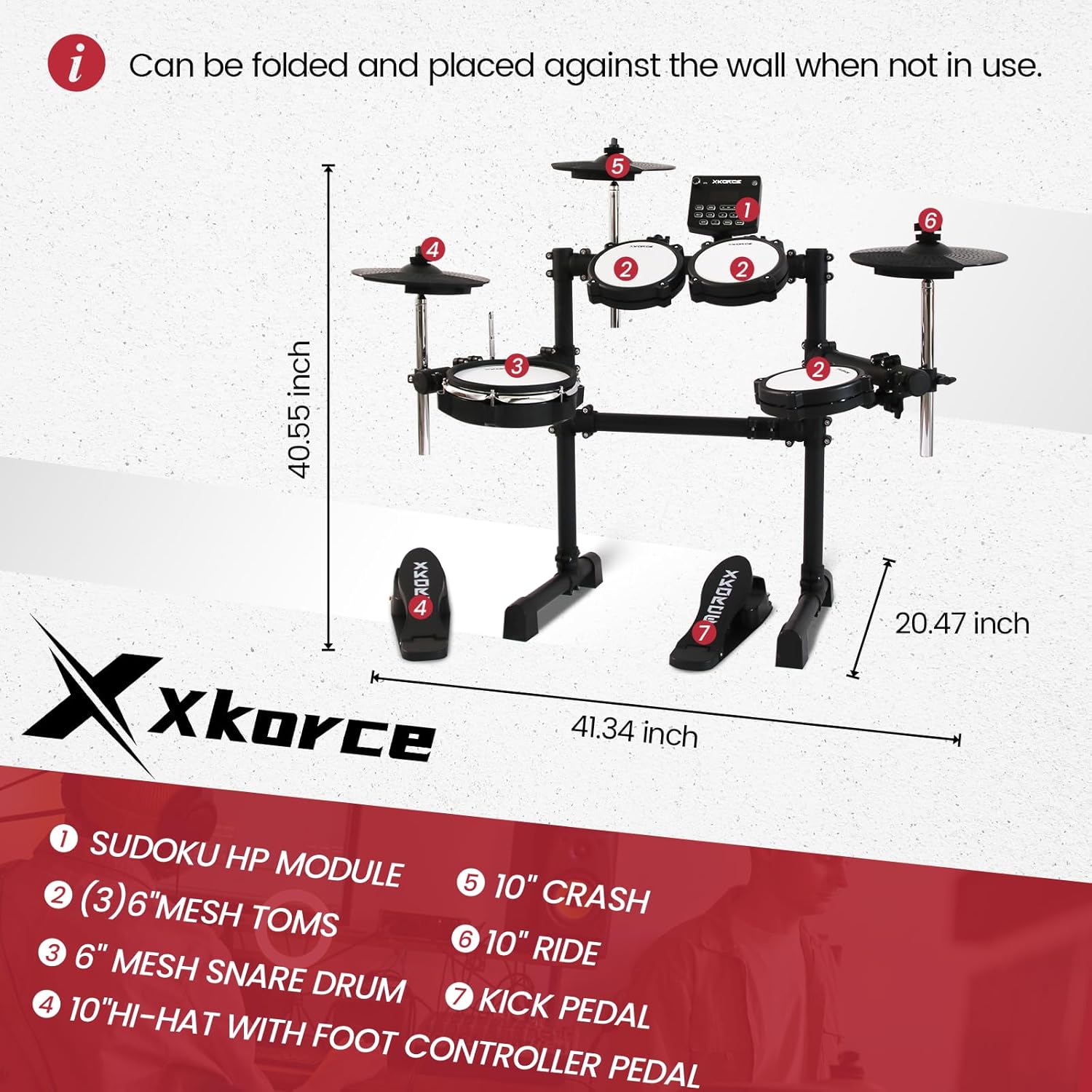 Electronic Drum Set Electric Drum Kit with 4 Quiet Mesh Pads, 360 Sounds, 2 Pedals, Headphones, Sticks, Dual Bluetooth function, Suit for Beginner