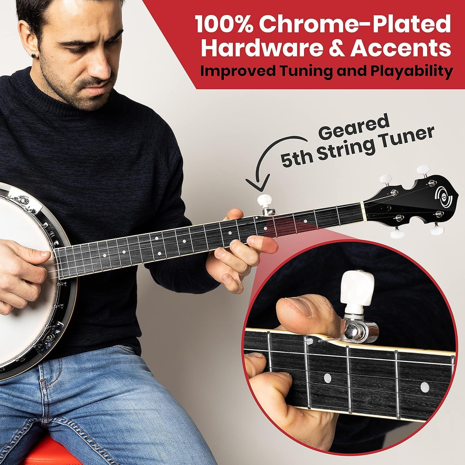 Pyle 5 String Resonator Banjo - Full Size 24 Bracket, Geared 5th Tuner Professional Instrument w/Remo Drum & Hardwood Back - Full Beginner Starter Kit Gig Bag, Tuner, Strings, Picks, Strap, Tools