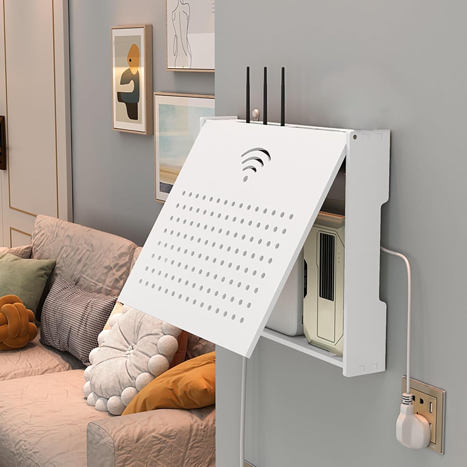 WiFi Router Hidden Box, Wooden WiFi Router Storage Box, Projector Shelf, Large Space Modem Cable Organizer, with Ventilation & Cord Management, for Bedroom Living Room(White1,41x7.3x30cm/16x3x12in)
