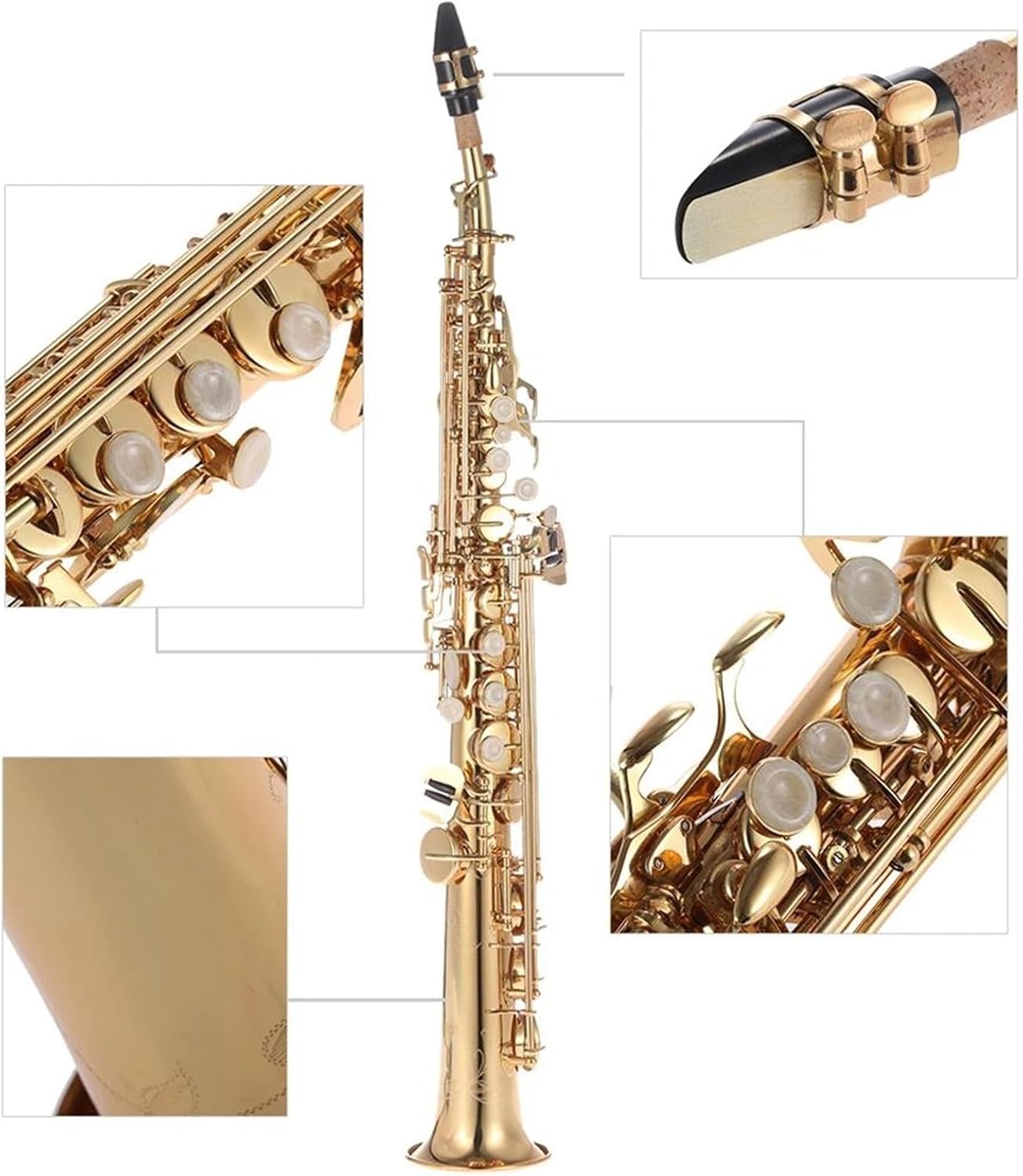 Brass Straight Treble Sax Saxophone Bb B Flat Woodwind Instrument Natural Key Carve Pattern With Carrying Case (Color : Gold)