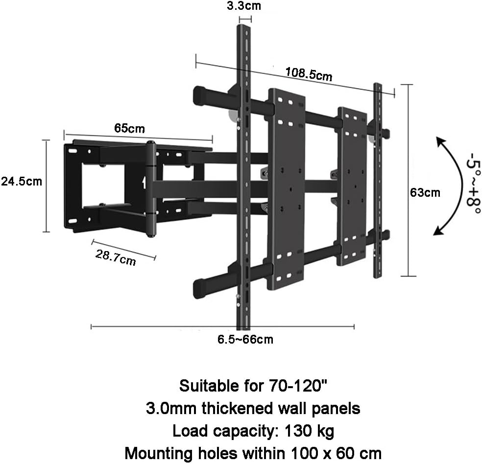 Full Motion TV Wall Mount for 70-120 Inch, TV Wall Mount LED Flat Panel Screens Bracket, Bedroom Living Room Office Adjustable Bracket, Extension Range 6.5-66cm
