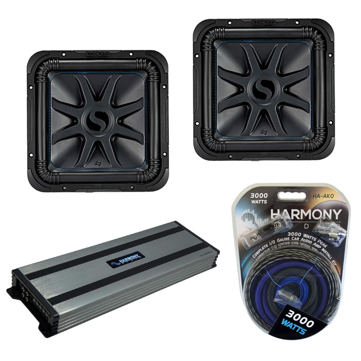 Harmony Audio Kicker (2) L7S12 Car Audio Solo-Baric 12 Subwoofer Square L7 Sub 44L7S122 Bundle with Harmony HA-A1500.1 Amplifier & Amp Kit