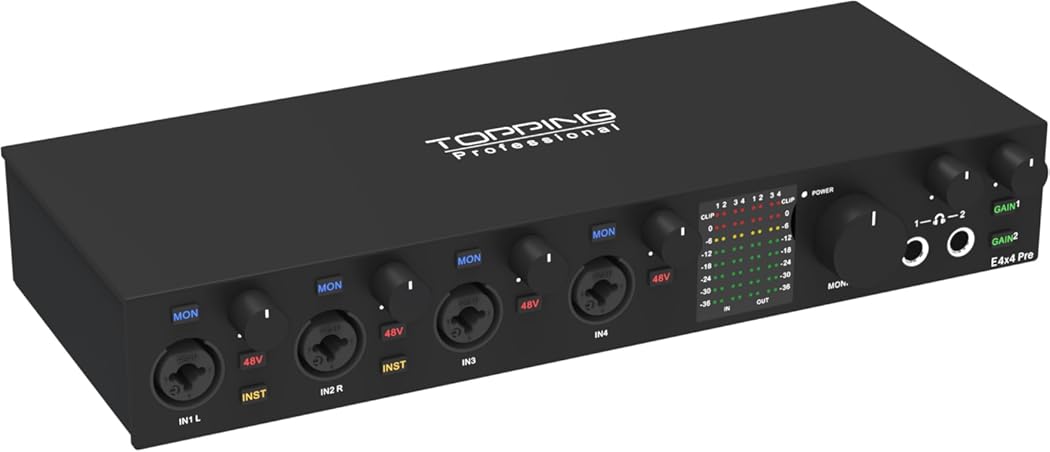 TOPPING E4X4 Pre USB Audio Interface - Dual USB-C Ports, 24bit/192kHz, 4IN/4OUT, Dual Headphone Outputs, Low Noise, Real-Time Monitoring, Mixer, for PC, Mac, iPhone, Professional Recording(Black)