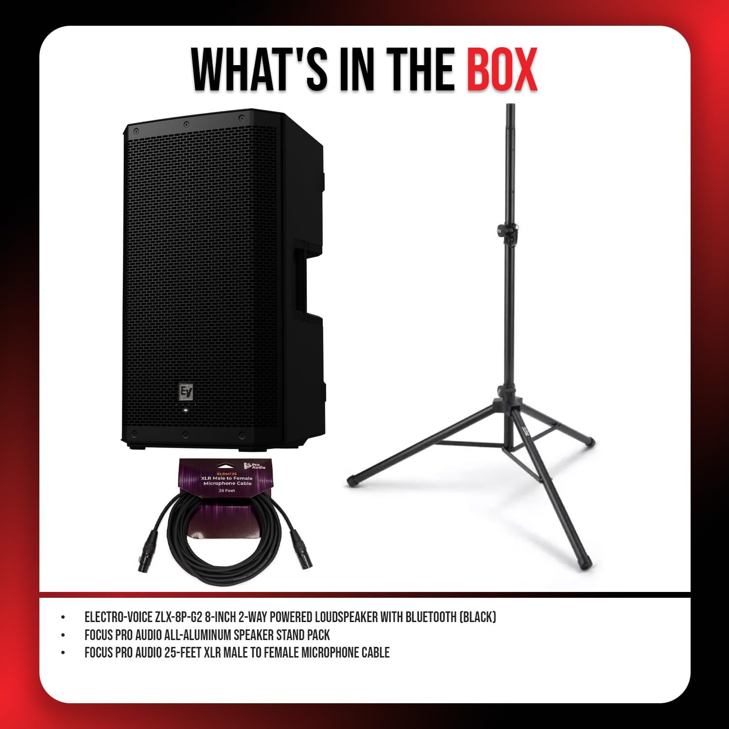 Electro-Voice ZLX-8P-G2 8-Inch 2-Way Powered Loudspeaker with Bluetooth (Black) Bundle with All-Aluminum Speaker Stand Pack and 25-Feet XLR Male to Female Microphone Cable (3 Items)