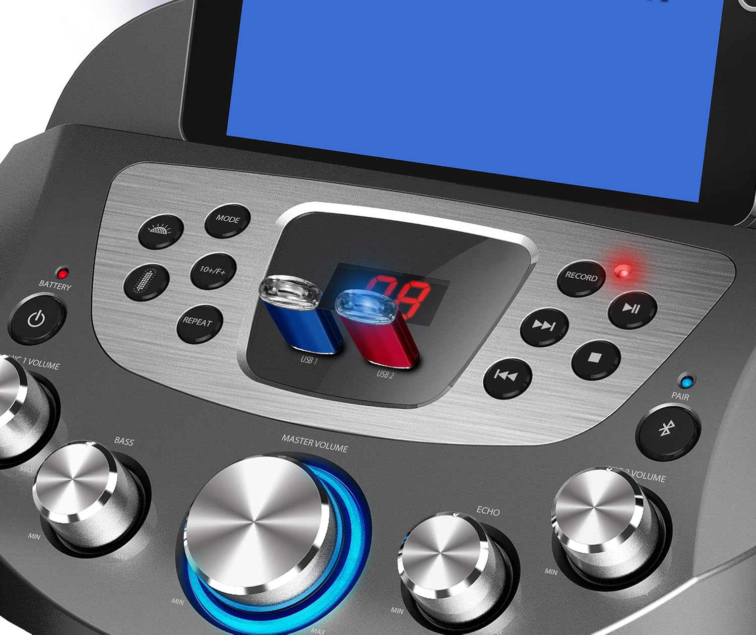 Starion KS829-B Bluetooth Karaoke Machine l Pedestal Design w/Light Show l 4 Built-in Speakers & 2 Tweeters l Two USB for Bluetooth / MP3 Record & Playback l Disco Ball Effect l Two Microphones