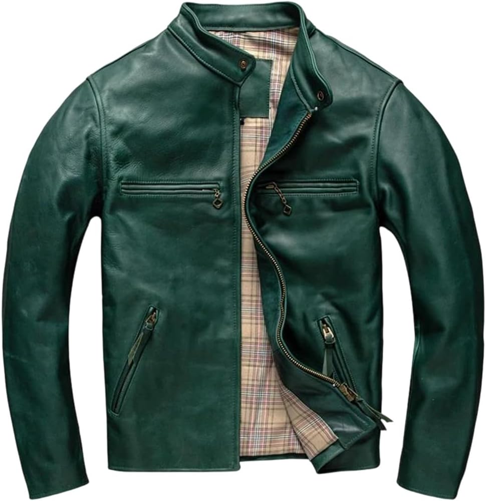 Men Vintage Style Plus Size Genuine Natural Horsehide Stand Collar Slim Fit Winter Leather Jacket Coat