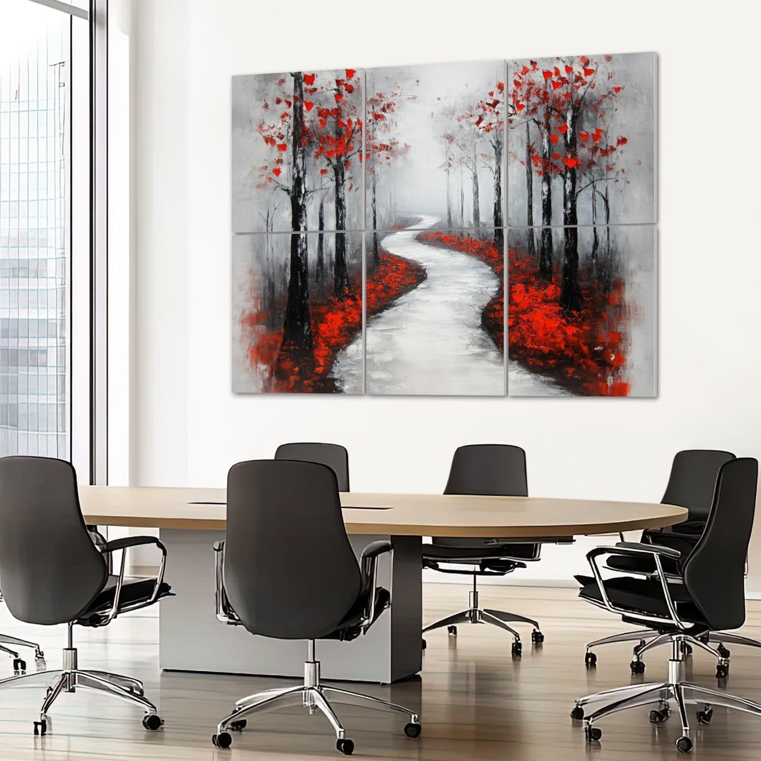 6 Pack Art Acoustic Panels Sound Absorbing Snowy Road 3D Hand Abstract Artwork Winding Bare Trees Red Leaves Decorative Soundproof Wall Panels Self Adhesive for Recording Studios Office 72