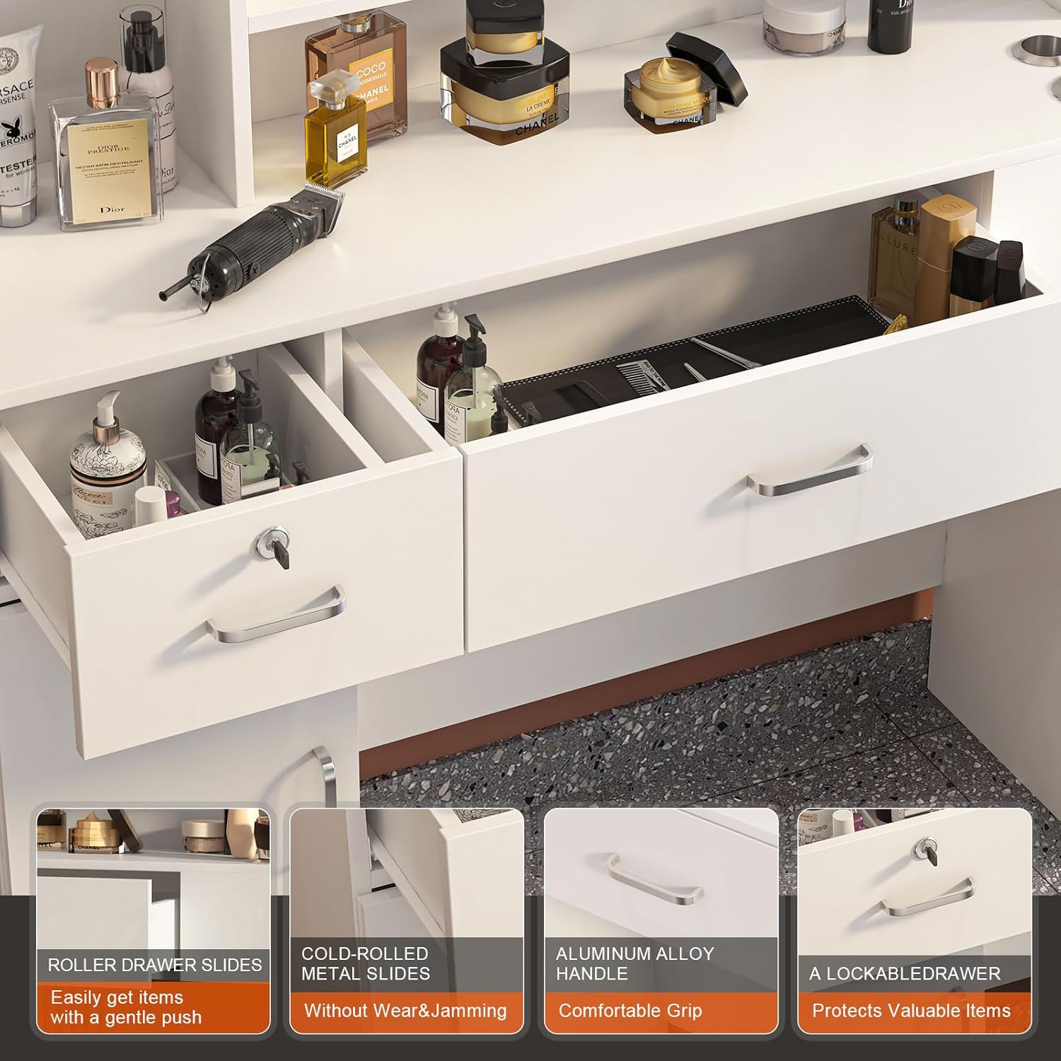 Salon Stations for Hair Stylist, Modern Locking Wall Mount Barber Hair Styling Station, Corner Salon Station Organizer Makeup Vanity for Bedroom, Bathroom, Hairdresser (White-1)