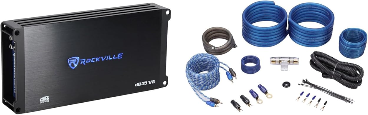 Rockville Bundle: dB25 v2 3000w Peak/750w RMS 2 Channel Amplifier Compact Car Stereo Amp Bundle with RWK41 4 Gauge Complete Car Amp Wiring Installation Wire Kit with RCA's (2 Items)