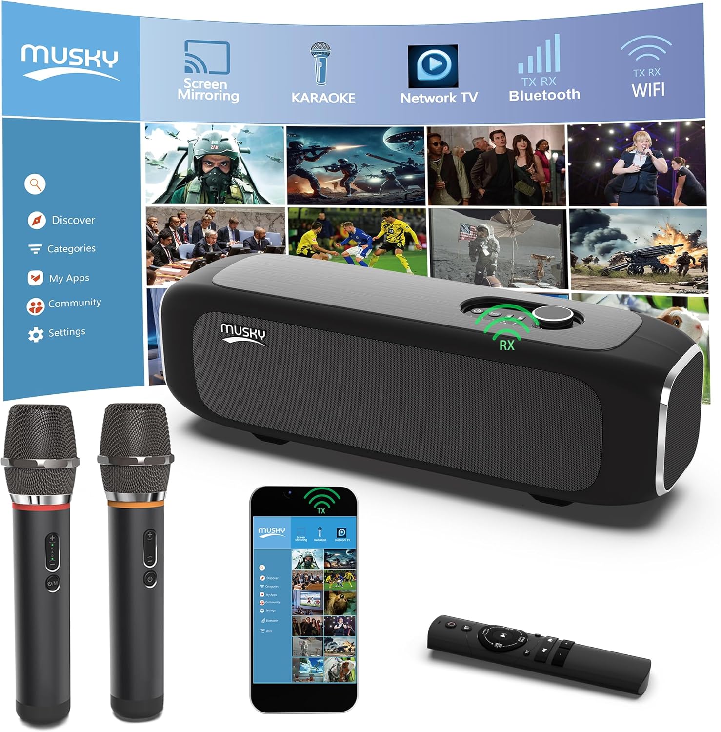 MUSKY Smart Karaoke Machine for Adults - with Screen mirroring, 2 Wireless Mics, External Smart Karaoke System, Professional Bluetooth Speaker, Karaoke Speaker for Any Occasion, Support TV Box