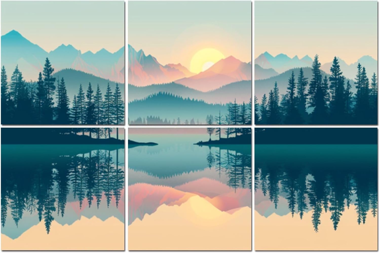 6 Pack Art Acoustic Panels Tranquil Sunrise Over Pastel Mountain Forest Soundproof Wall Panels, 48