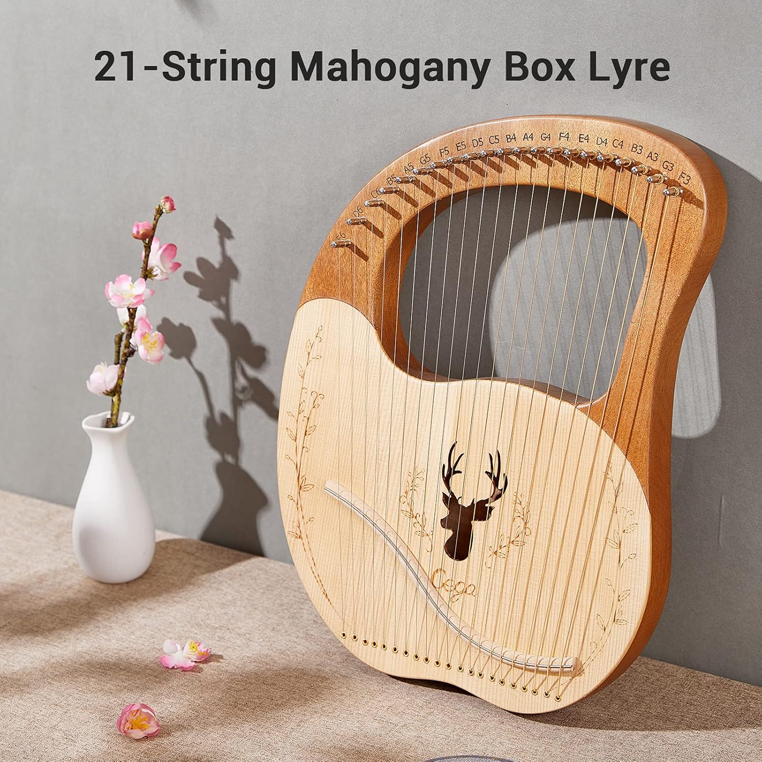 Lyre, Lyre,Cega 21 Metal Strings Lyre Harp Box Lyre Harp Spruce Topboard Mahogany Backboard String Instrument with Tuning Wrench Strings Picks Music Note Sticker
