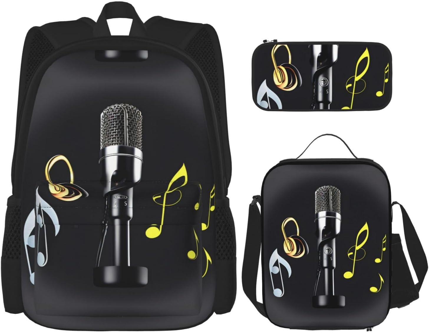 Microphone with Music Notes Double Shoulder Bag Combo with Waist Pack and Pen Case,Fashion casual backpack combination