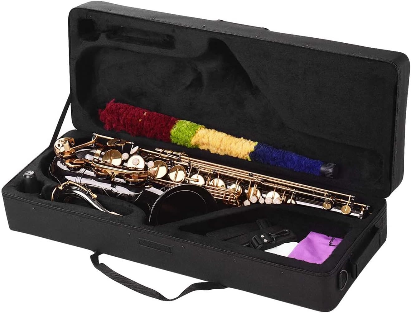 KESHUO Bb Tenor Saxophone Sax Brass Body Black Nickle Plated Golden Keys Woodwind Instrument with Case Brush Sax Neck Straps Brass Sax Beginners Kit