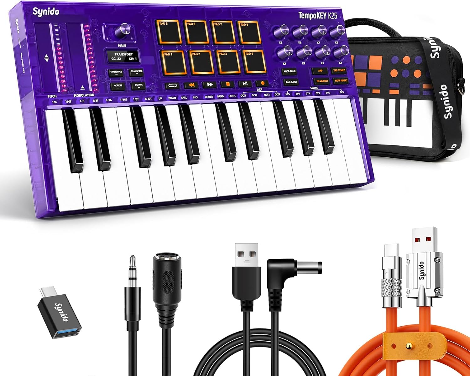 Synido 25 Key USB MIDI Keyboard Controller with Drum Pads, Professional Mini Midi Keyboard with OLED Screen, Beat Maker Machine for Music Production, Purple, TempoKEY K25