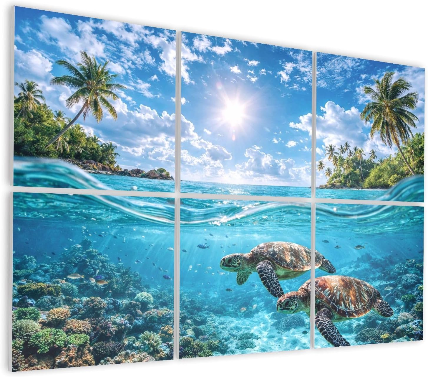 6 Pack Art Acoustic Panels Self Adhesive Underwater Scene Sea Turtles Swimming Crystal Clear Water Vibrant Decorative Soundproof Wall Panels Sound Absorbing Panel 48