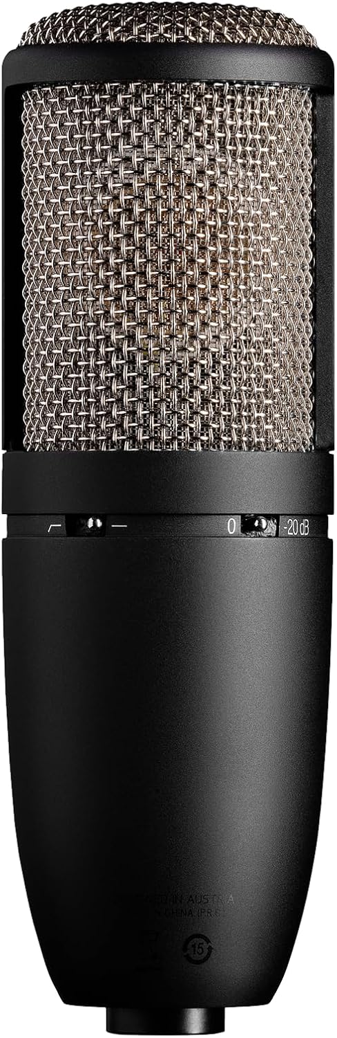 AKG Pro Audio P420 Multi-Pattern Condenser Microphone with Shock Mount and Case. Great for ensemble recording, grand piano, woodwind, brass instruments, drums and percussion. Black and Gold.