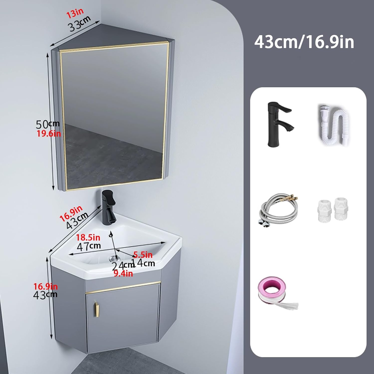 Corner Wall Mount Bathroom Sink, Corner Bathroom Vanity, Ceramic Corner Sink, Bathroom Sink Cabinets with Storage Container and Mirror Cabinet, for Toilet Cloakroom(43cm/16.9in)