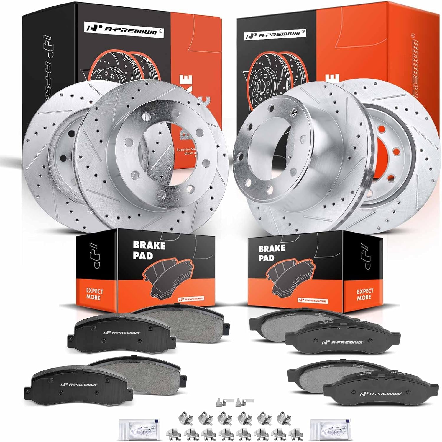 A-Premium Front and Rear Drilled and Slotted Disc Brake Rotors + Ceramic Pads Kit Compatible with Select Ford Models - F-250 Super Duty 2008 2009 2010 2011 2012, 4WD, 12-PC Set