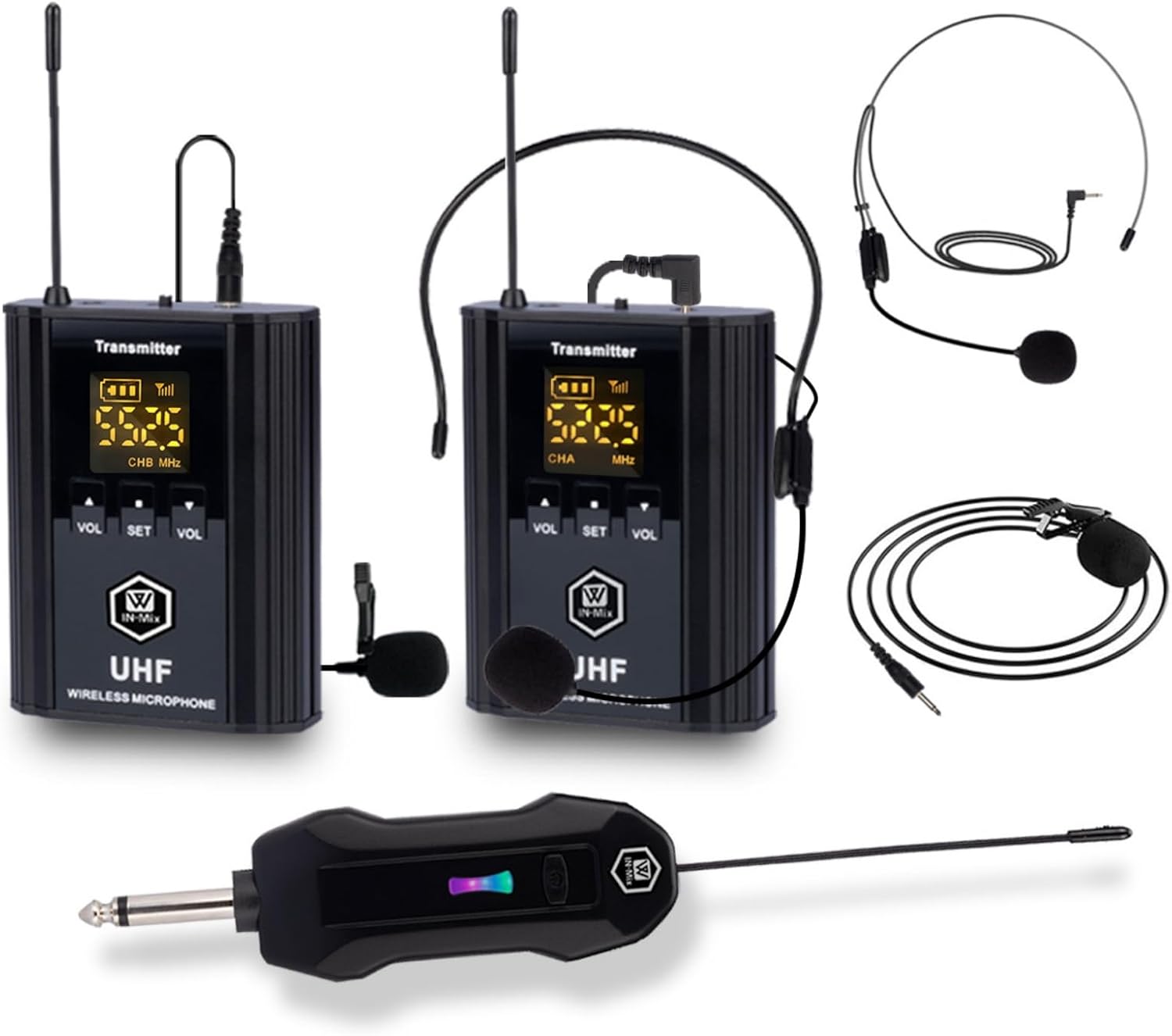 W IN-MIX UHF Wireless Microphone System, Portable Cordless Microphone Set with Headset, Lavalier, Beltpack Transmitter for Karaoke,Church and Party(2)