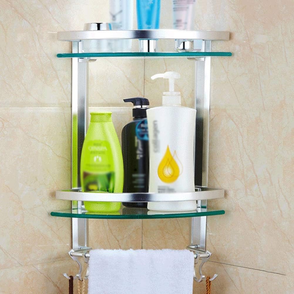 Shower Organiser Transparent Space Aluminum Tempered Glass Wall-Mounted 2 Tiers Hook Up Fan-Shaped Structure Dressing Table (Color : Clear, Size : 250x250x440mm)
