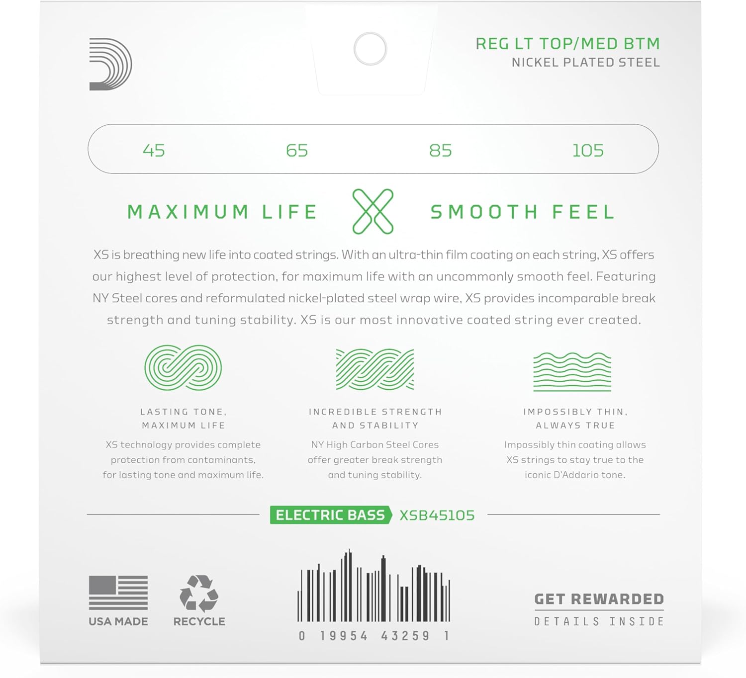 D'Addario Bass Guitar Strings, XS Coated Electric, XSB45105, Light Top/Medium Bottom 45-105, 4-String Set, Pack of 1