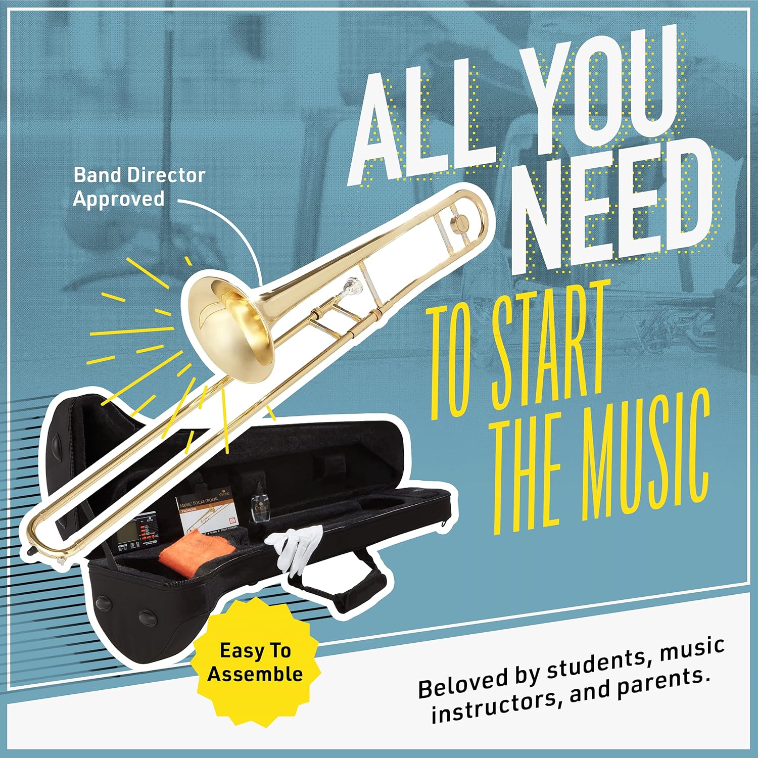 Mendini by Cecilio Bb Tenor Slide Trombone for Beginners - B Flat Brass Plated Trombone Instrument for Students with Tuner, Music Book, Hard Case, Mouthpiece, Cleaning Kit & Gloves (Gold)