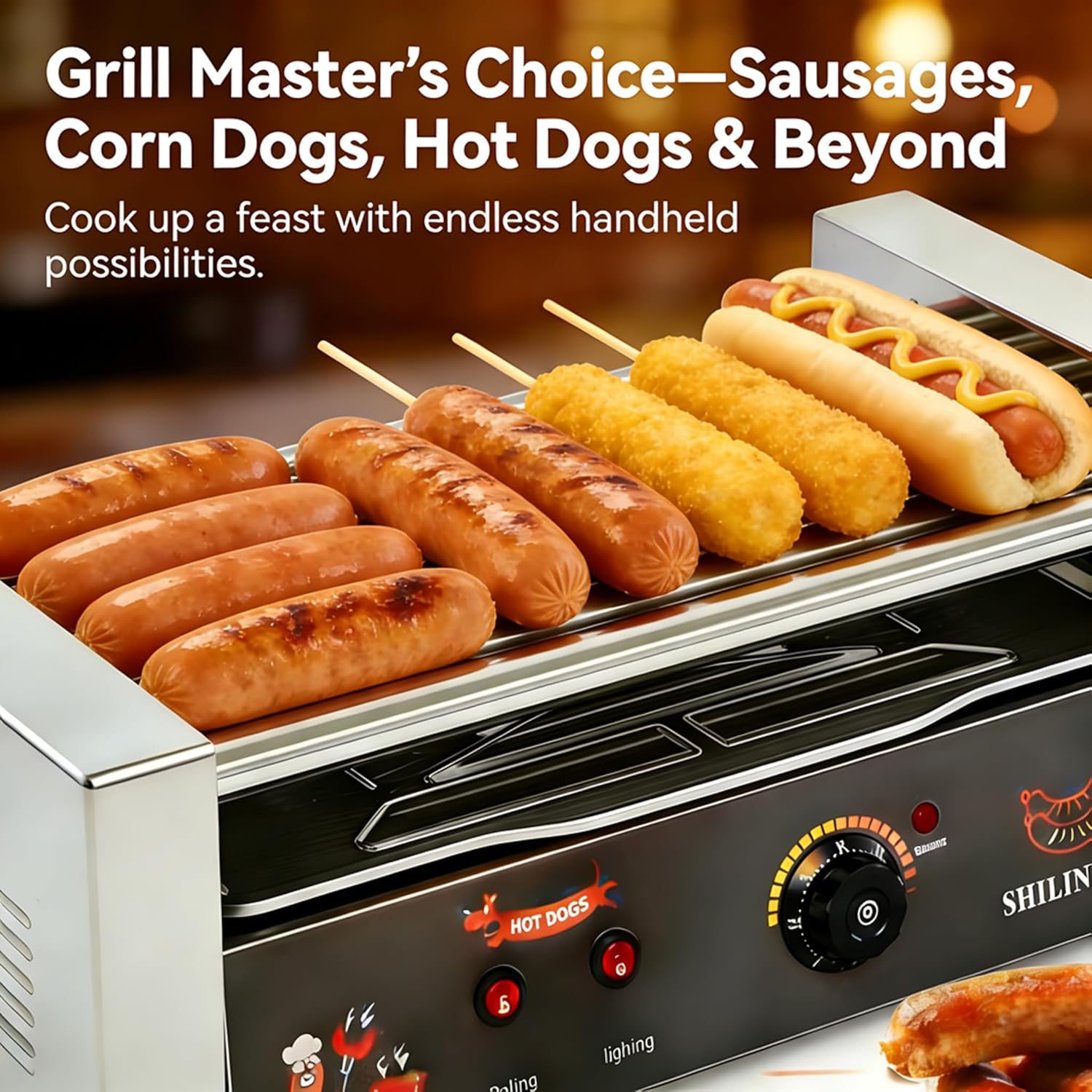 Commercial Hot Dog Roller Machine - 5 Roller Electric Grill with 16 Hot Dog Capacity, 750W Stainless Steel, Removable Drip Tray