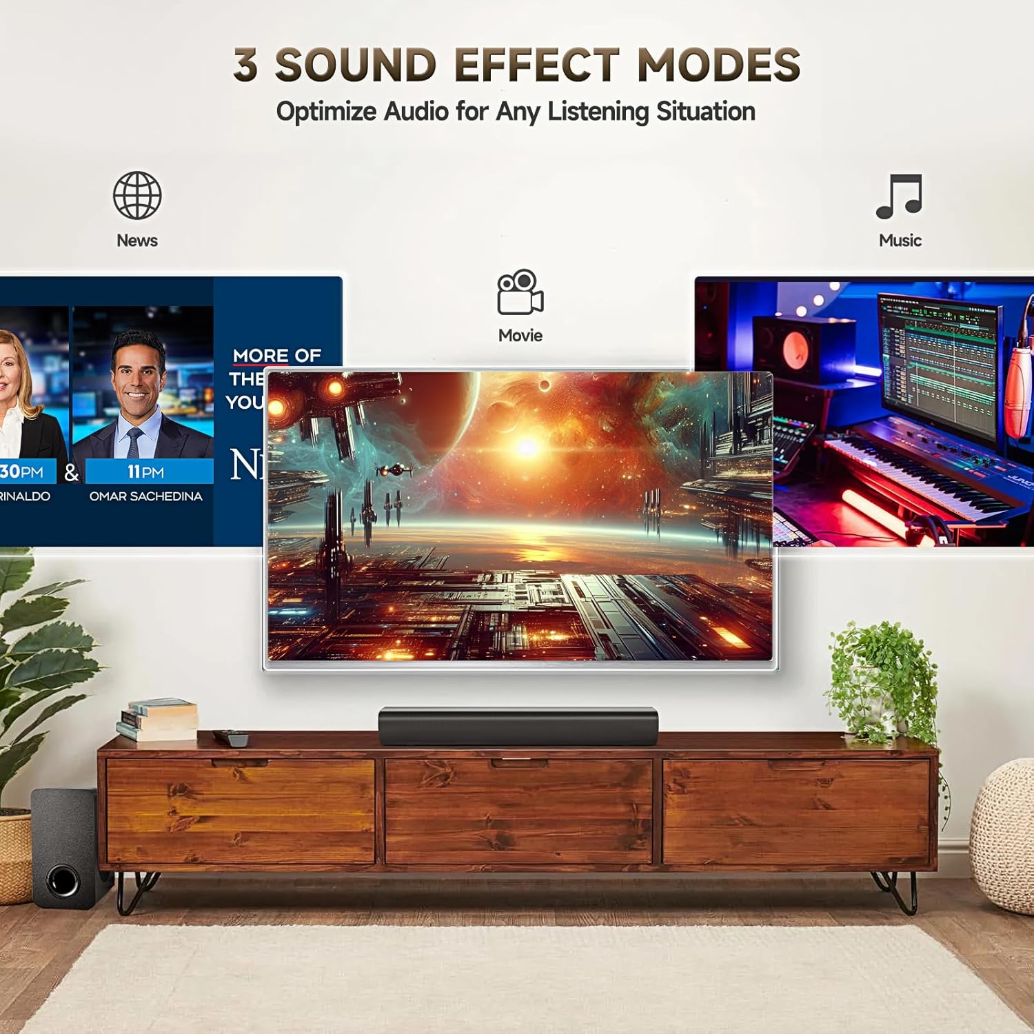 Sound Bar Speakers Bluetooth Wireless, TV Speakers Sound Bar Subwoofer, Home Theater Surround Sound Bar HDMI(ARC) Optical AUX USB 2.1ch Home Audio Sound System TV PC Wall Mount, Black