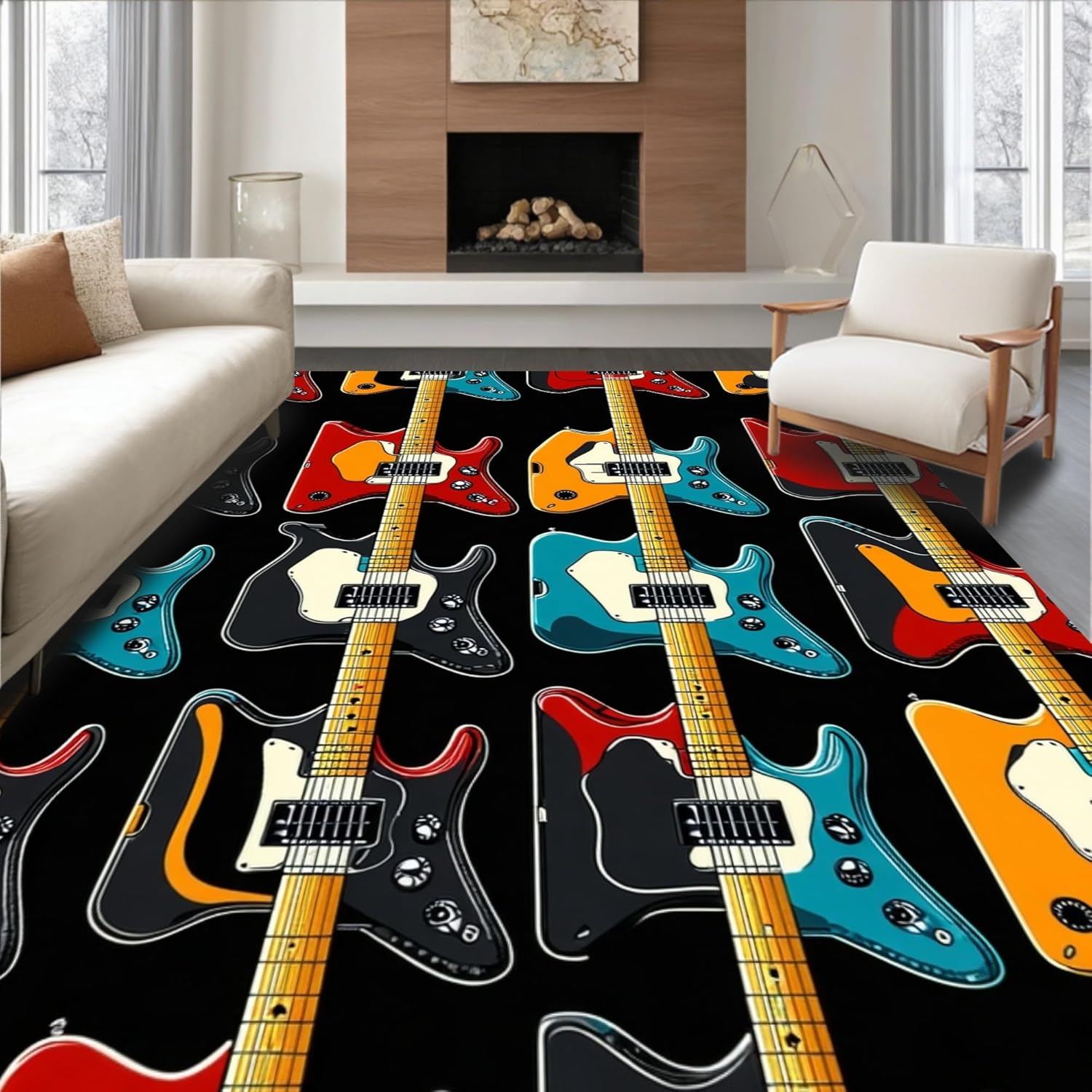Flatwoven High Traffic Area Rug 8x10, Rock and Roll Music Themed Guitar Bass, Non Slip, Stain Resistant, Washable Area Rugs for Living Room, Bedroom (Black, 8x10)