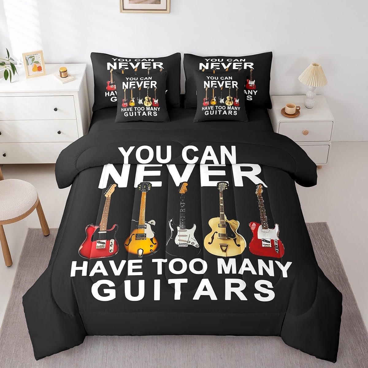 Erosebridal Guitar 7 Piece Comforter Set King Bed in a Bag,Music Themed Quilt Comforter for Kids Boys Girls,You Can Never Have Too Many Guitars Motto Bedding Set,Rock Bass Musical Instrument Sheets
