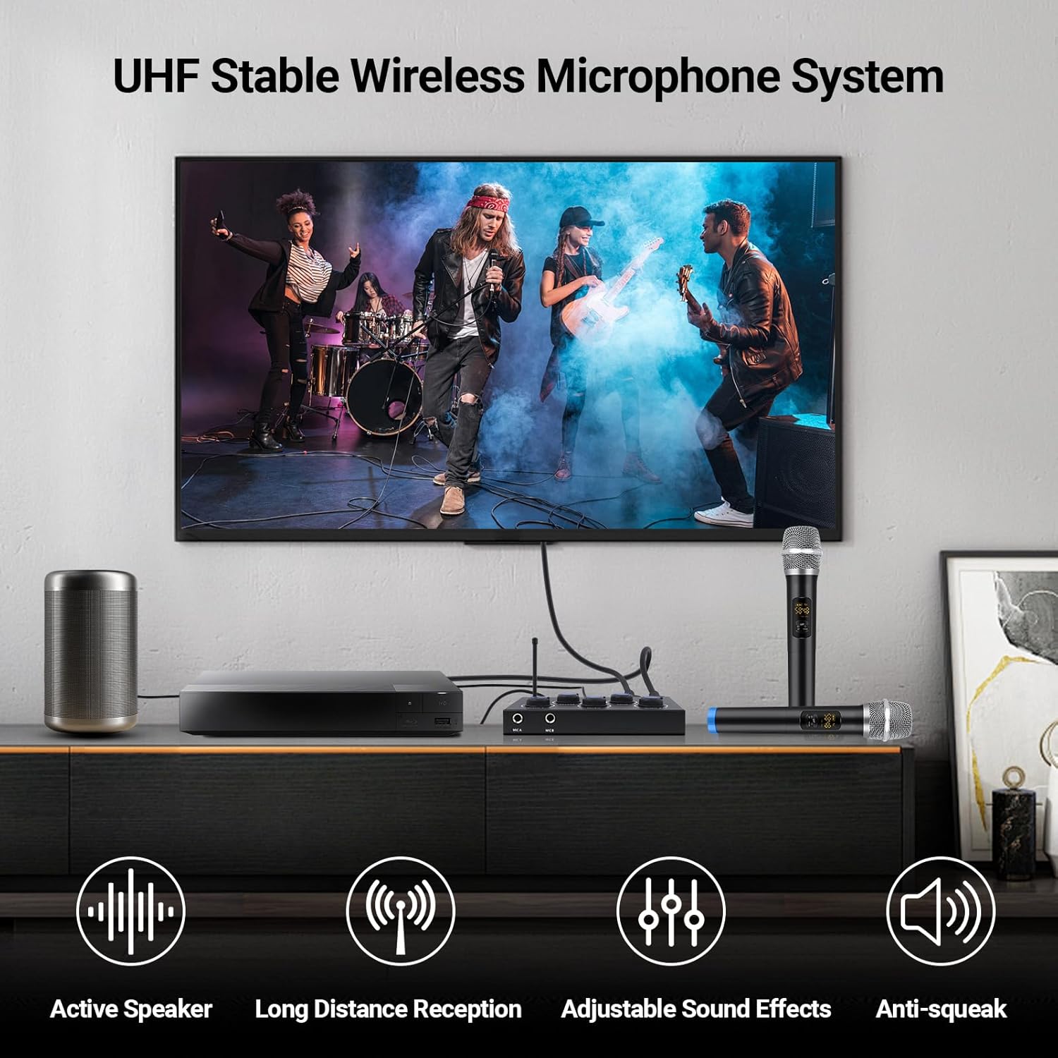 Wireless Karaoke System, Portable Karaoke Microphone Mixer with 16 Channels UHF Wireless, Optical AUX Microphone Speaker for Smart TV, PC, Amplifier, Speaker, KTV
