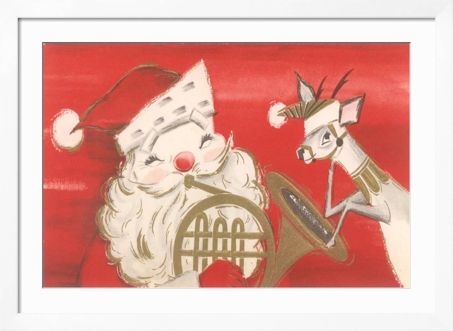 ART.COM Wall Art Print Reindeer, Santa with French Horn on White Frame, 44
