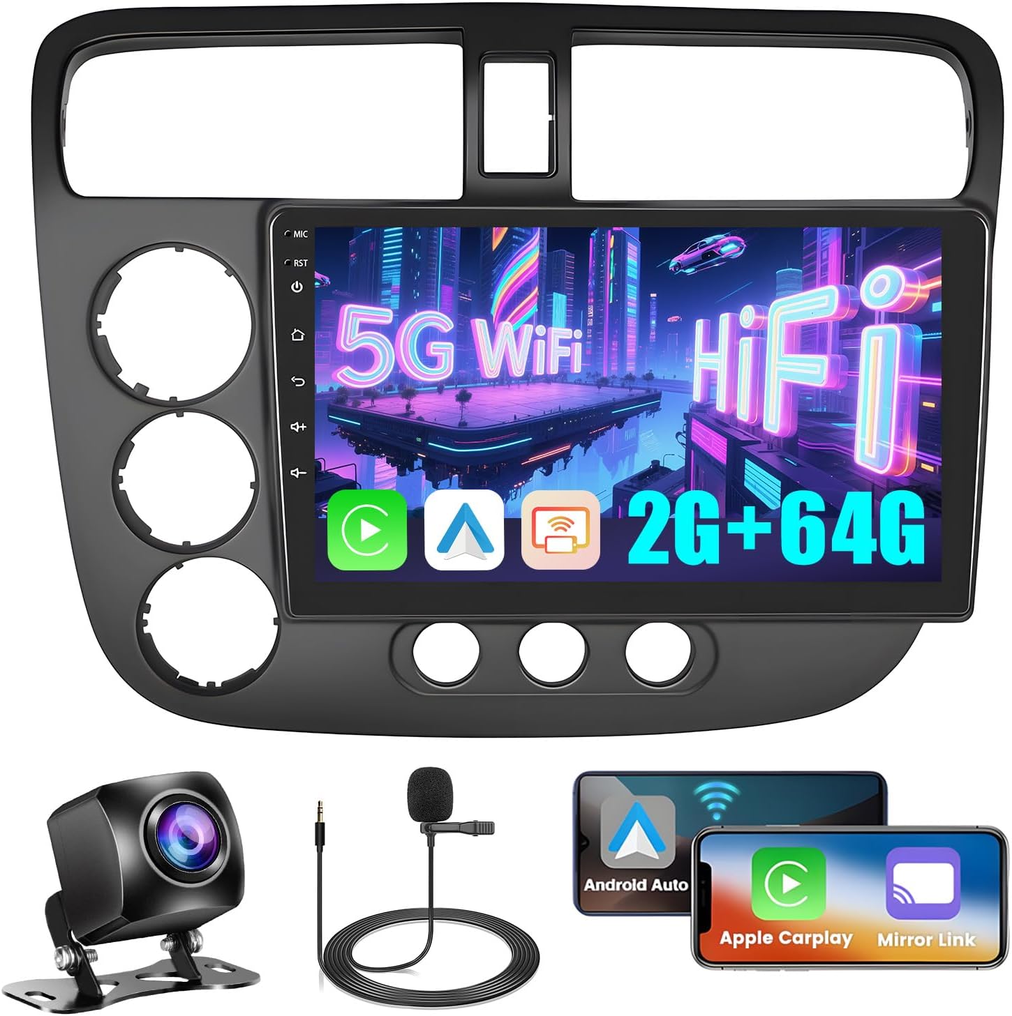 5G WiFi [2+64G] Hikity Android 15 Car Stereo for 2001 2002 2003 2004 2005 Honda Civic Radio Wireless Carplay Android Auto, 9 Inch Touchscreen Car Radio Bluetooth GPS HiFi/FM Mirror Link Backup Cam