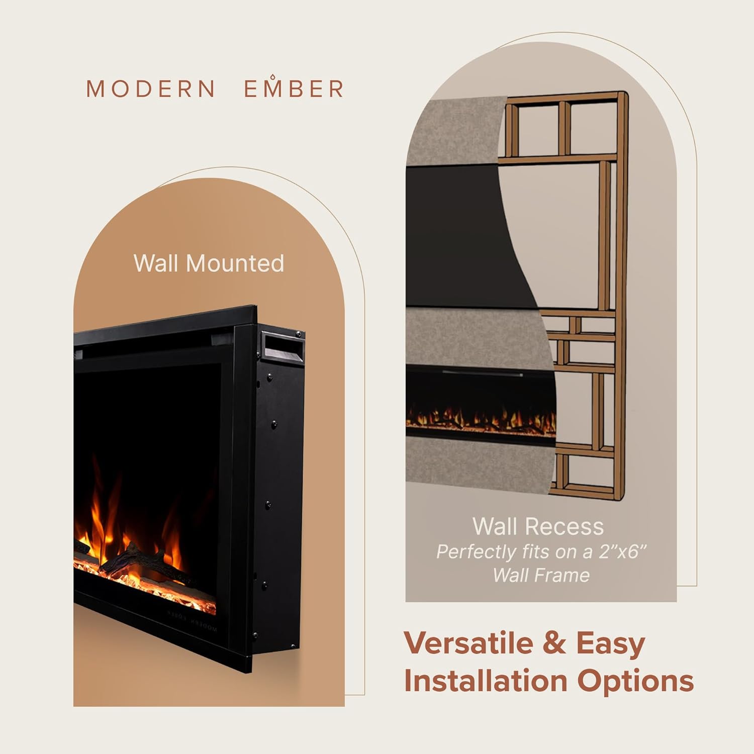 Modern Ember Aerus 42 Inch Smart Linear Electric Fireplace | Recessed in-Wall or Wall-Mount | LED Multiple Flame Colors | Alexa/WiFi Enabled | 5.75” Profile | Remote Included