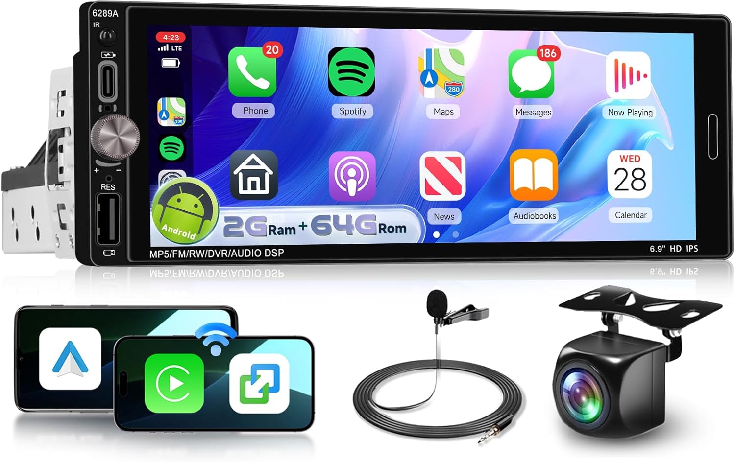 [ 2G 64G] Single Din Android Car Stereo Wireless Carplay Android Auto, 6.9 Inch Touch Screen Car Radio with GPS Navigation WiFi Bluetooth 1 Din FM/RDS Audio Receiver, Type-C/USB, AHD Backup Camera